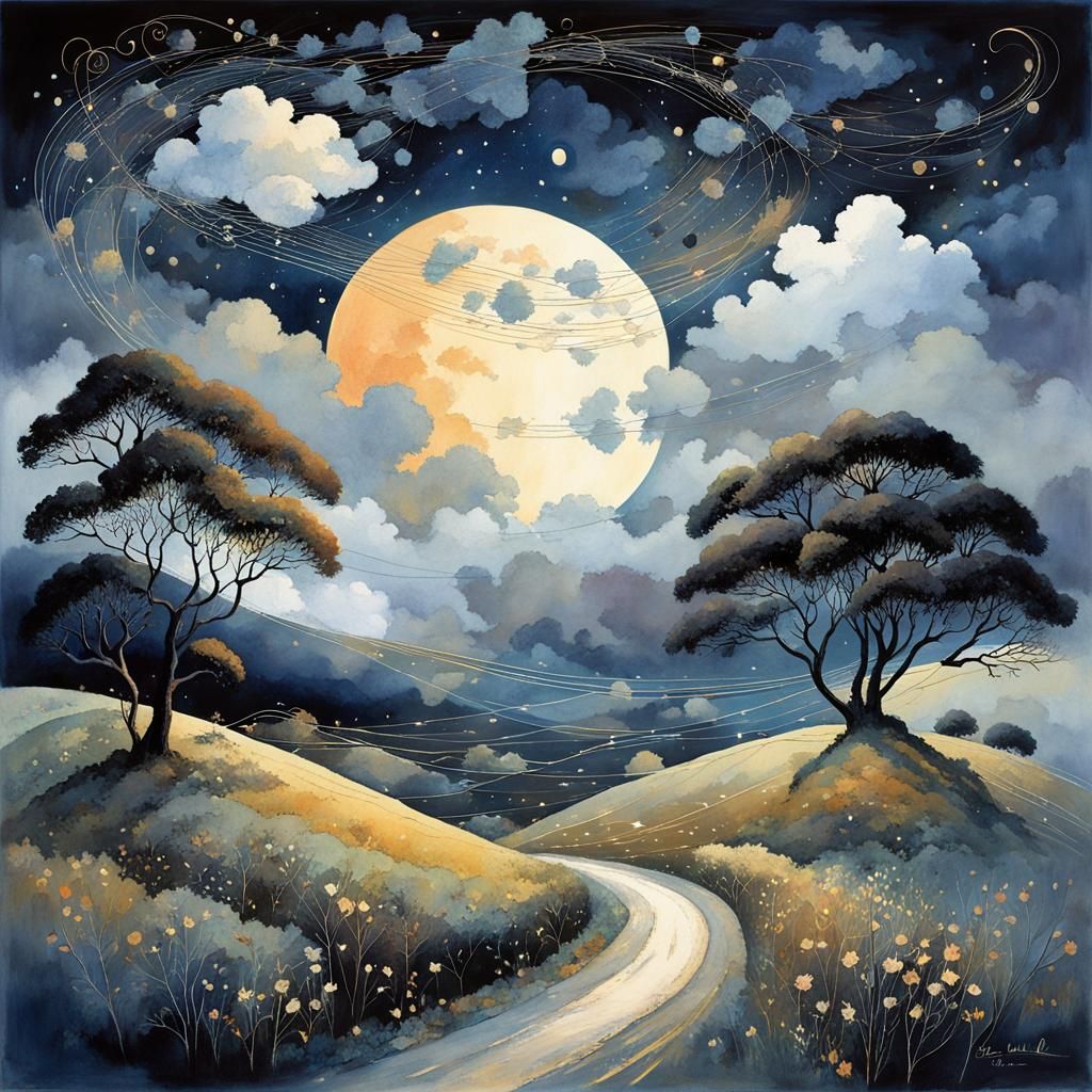 Surreal Moonlit Landscape with Ornamental Clouds