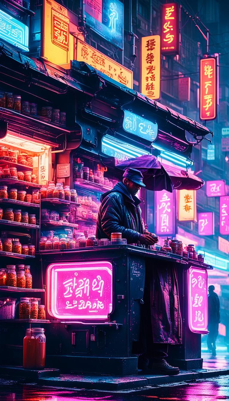 Cyberpunk Chai Street Vendor in Neon-Lit Market Scene