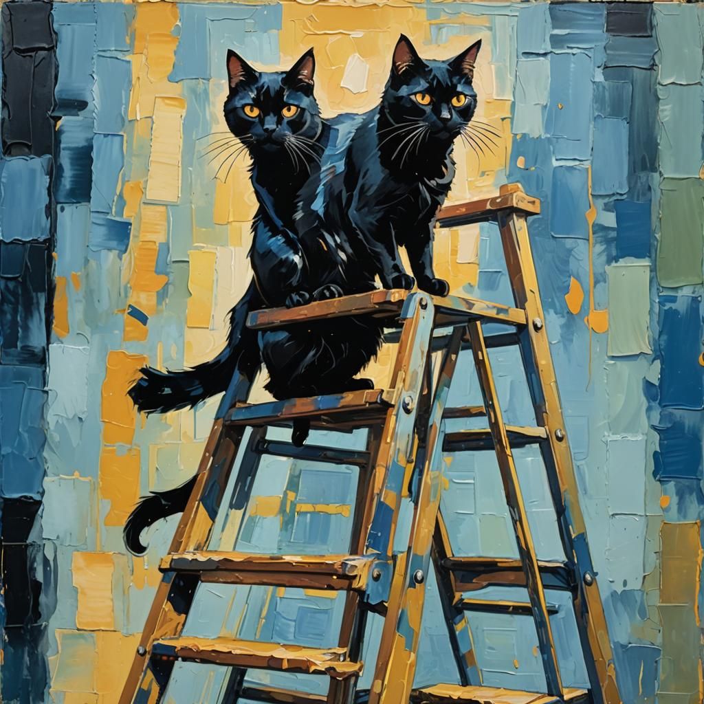 Black Cat Walking Through Ladder in Gouache Style
