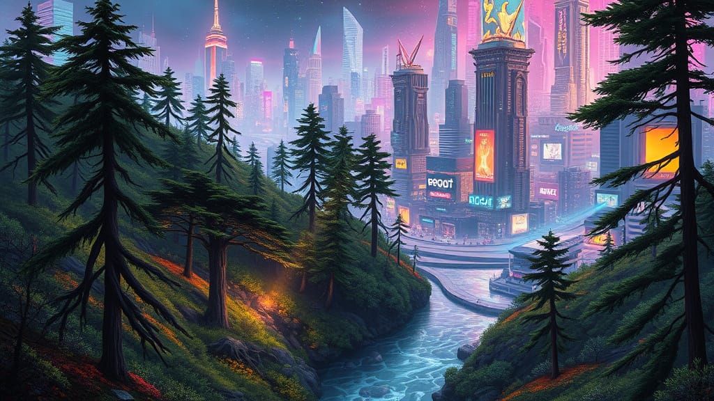 Cyberpunk City Meets Serene Forest: Ernst Haeckel Inspired