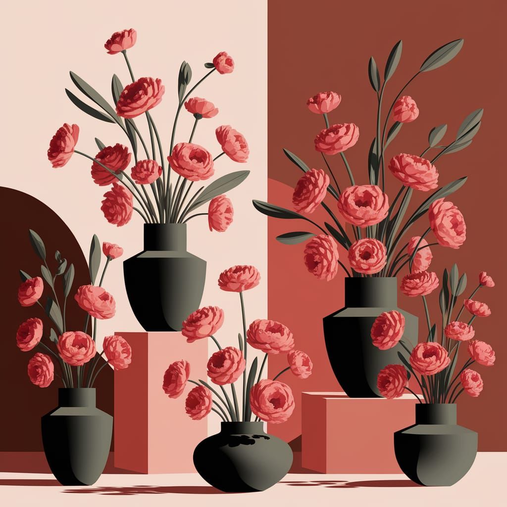 Hand-drawn illustrations of vases and flowers in the style of Hannah Höch, elegant and modern art