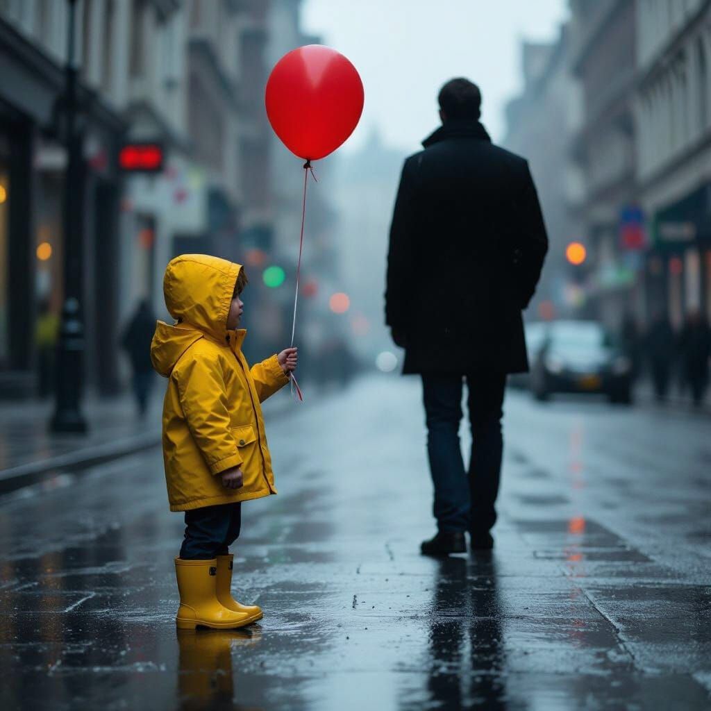 Lonely Boy with Red Balloon in Misty City