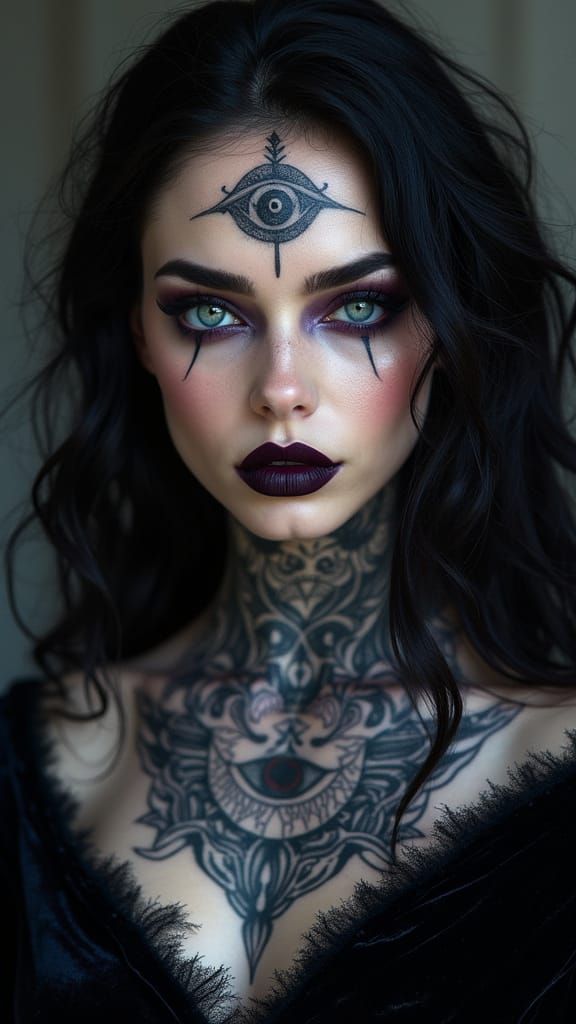 Dark Goddess with Crescent Moon Tattoo in Surreal Style