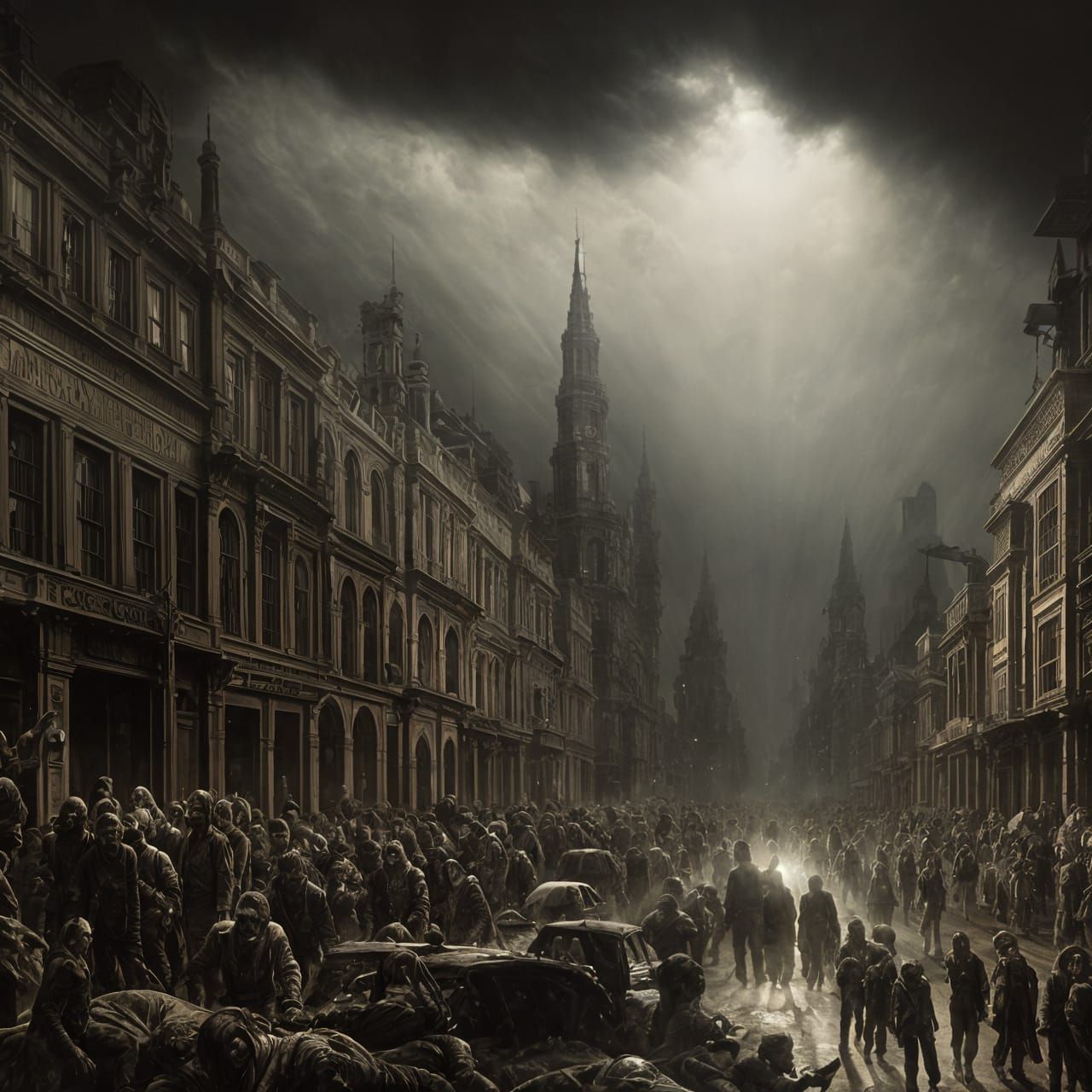Gothic Cityscape with Undead Horde in Hyperrealistic Hyperde...