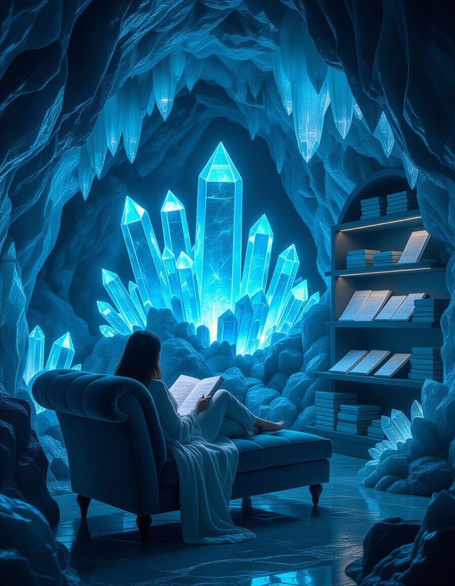 Crystal Cave Reading Nook in Bioluminescent Style