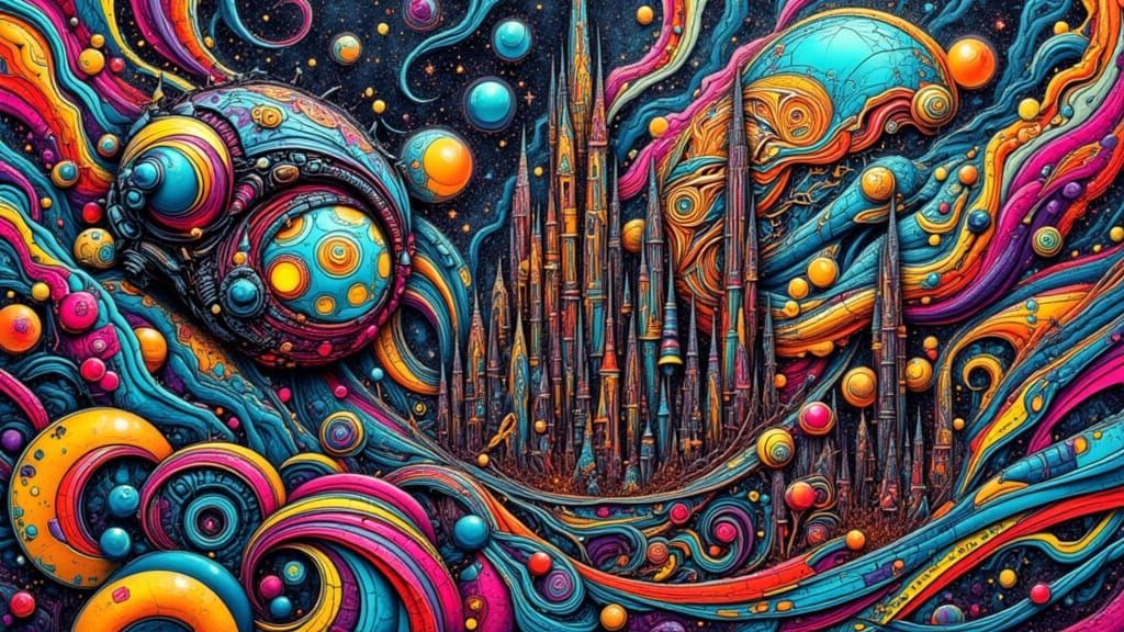 Cyberpunk Cityscape with Intricate Zentangled Swirls