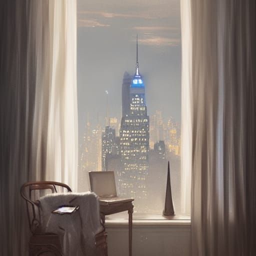 Manhattan Apartment View, Hyper-Realistic Digital Illustrati...