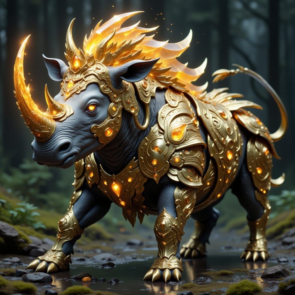 Fantastical Dark Fantasy Rhino in Crystal Golden Trading Car...