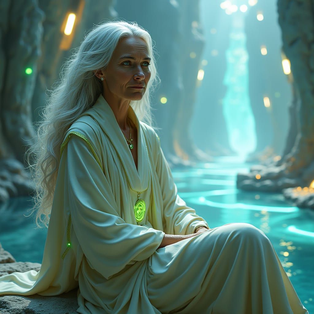 Elderly AI Mother M1 Surrounded by Futuristic Laboratory and...