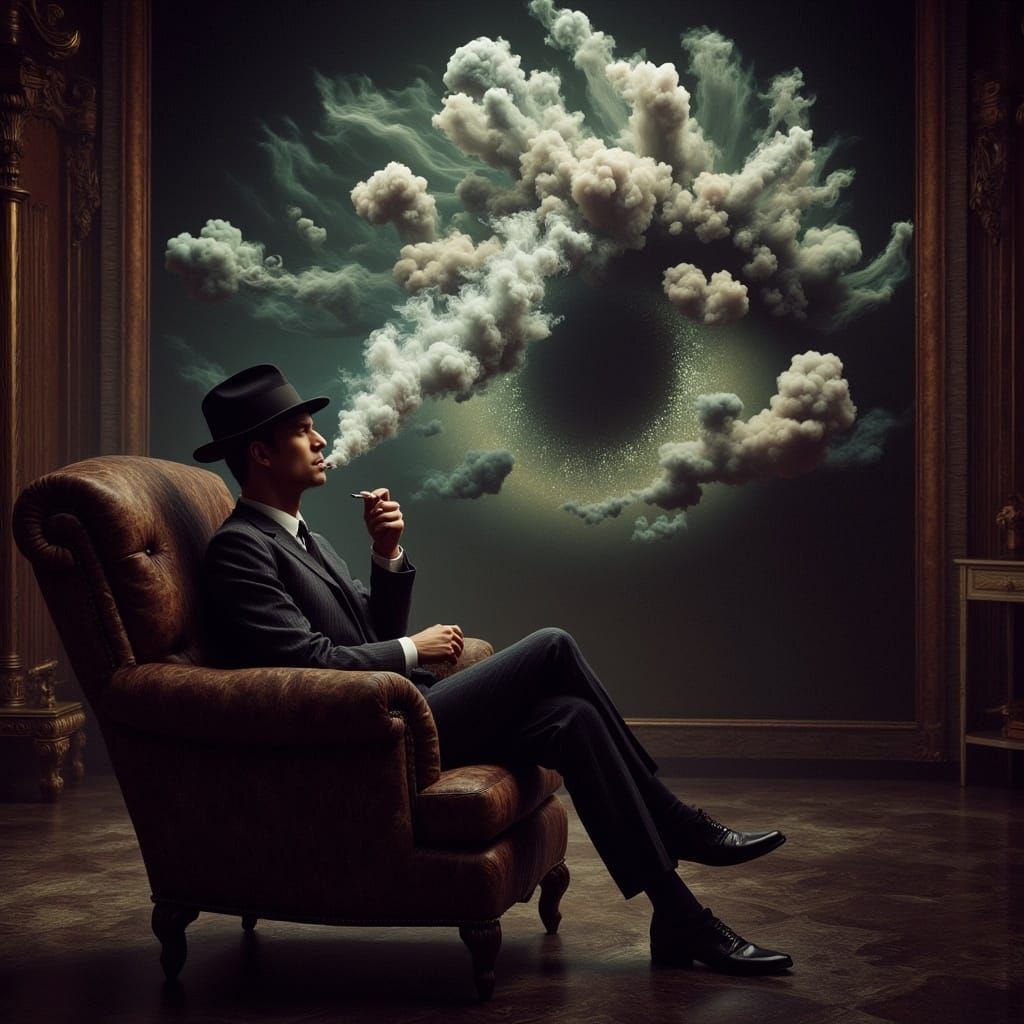 Vintage Sleuth in Dreamlike Scene, Merging Realism and Surre...