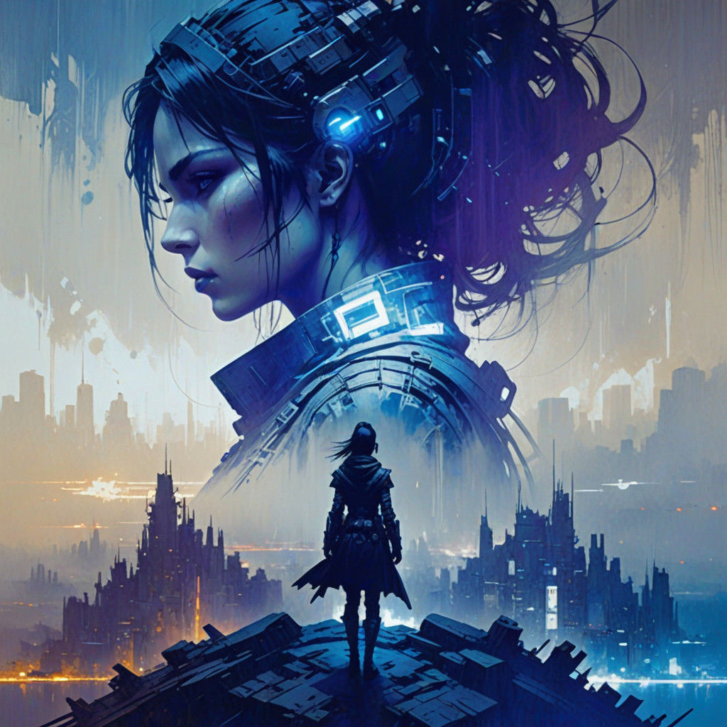 beautiful Cyberpunk Female warrior looking at small warrior silhouette, Stunning, dramatic, blue white and black, fusion...