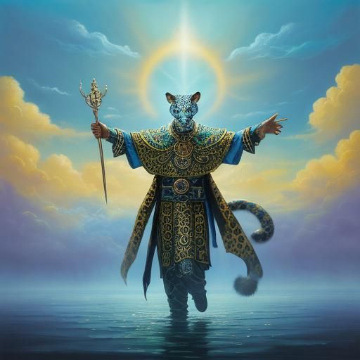 Surreal Leopard Shaman in Flooded City, Oil Painting