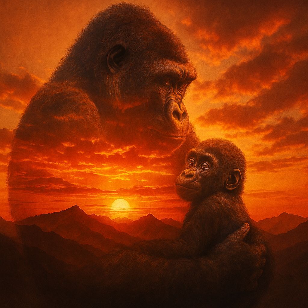 Gorilla and Baby Gorilla in Vibrant Sunset Landscape