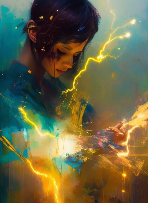 Golden Lightning Strikes: Detailed Portrait in Oils