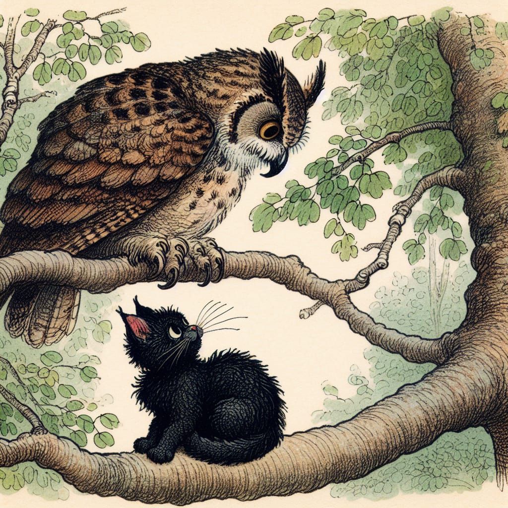 Mischief Meets Wisdom in Whimsical Tree Scene