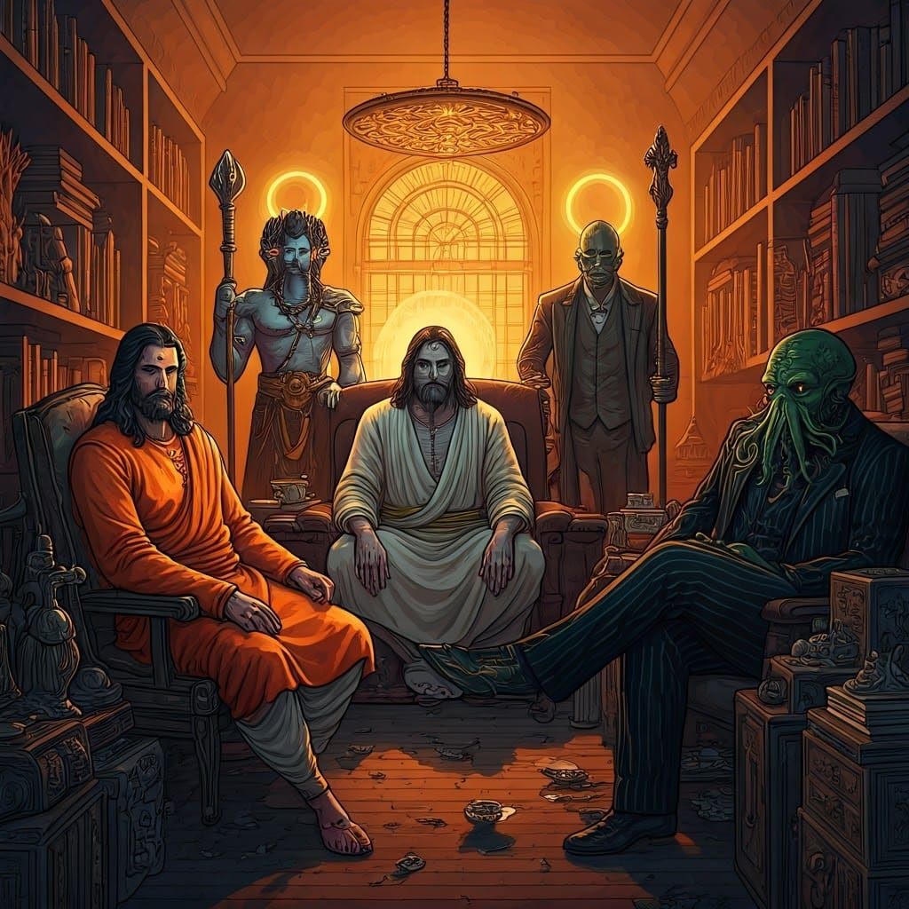 Deities Relaxing in Apartment, Comic Book Style