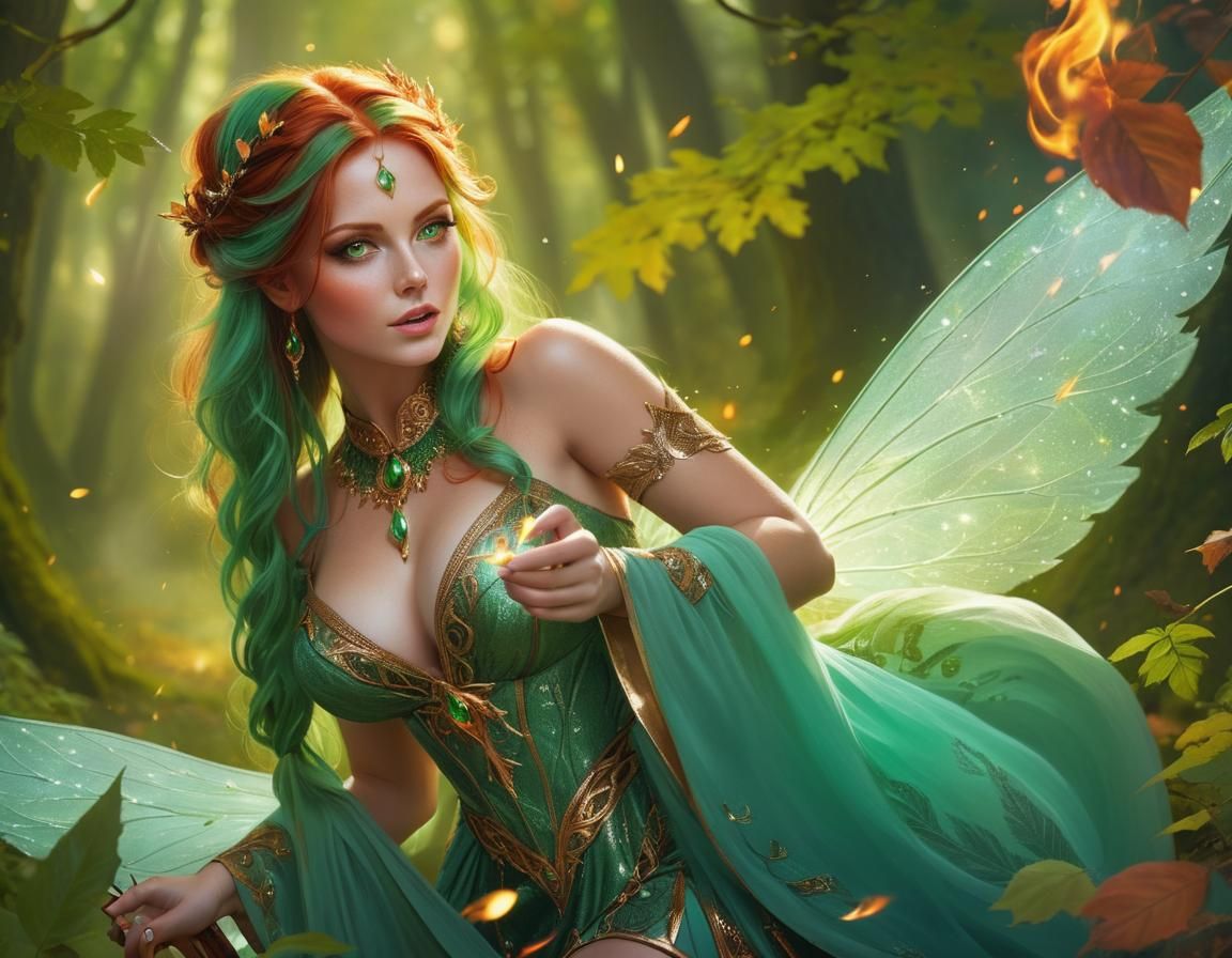 Redhead Goddess of Fire in Ethereal Woods