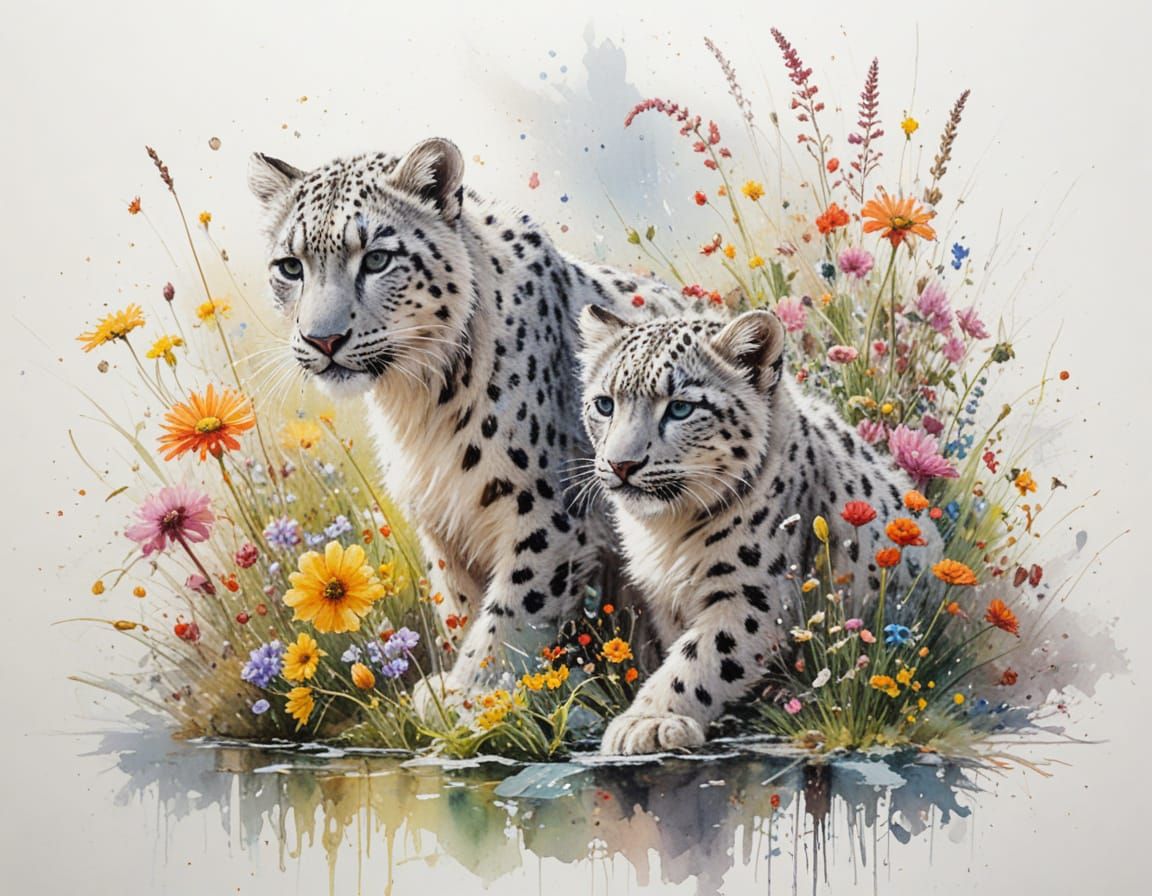 Playful Snow Leopards in Vibrant Sunlit Garden