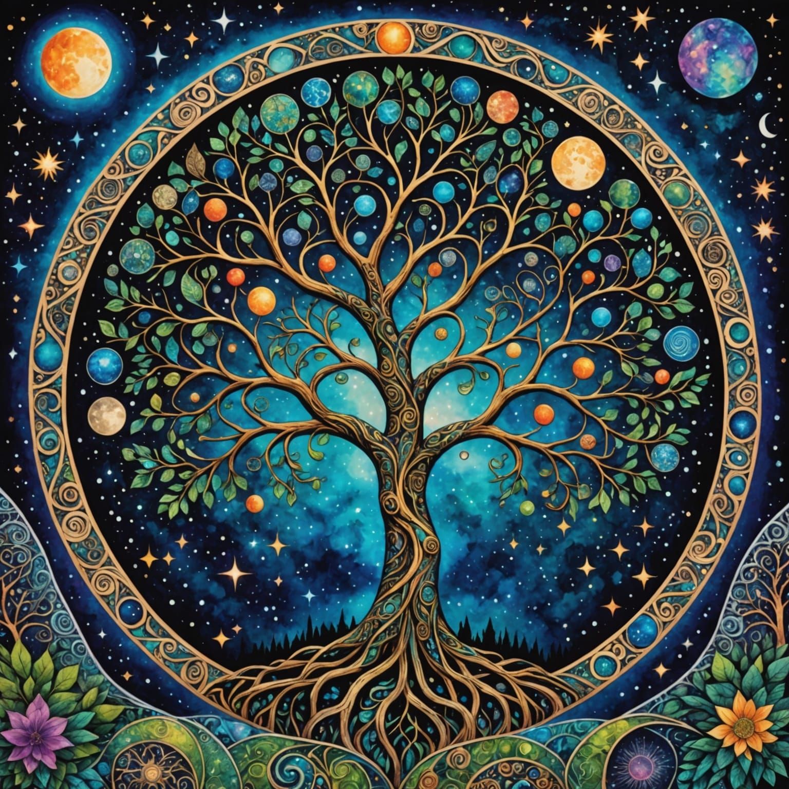 Cosmic Tree of Life in Vibrant Holographic Style