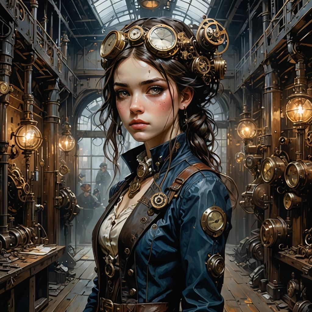 Steampunk Girl Portrait in Dark Watercolor Style