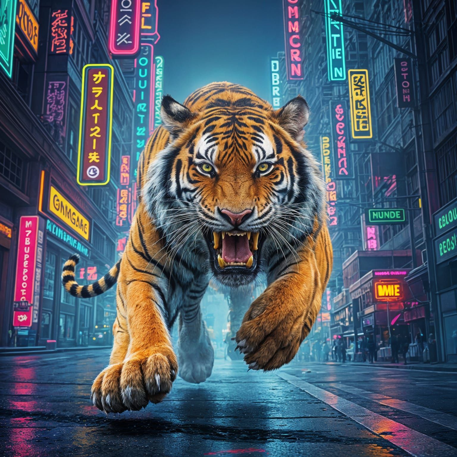 Deranged Tiger Runs Amok in Neon City Streets