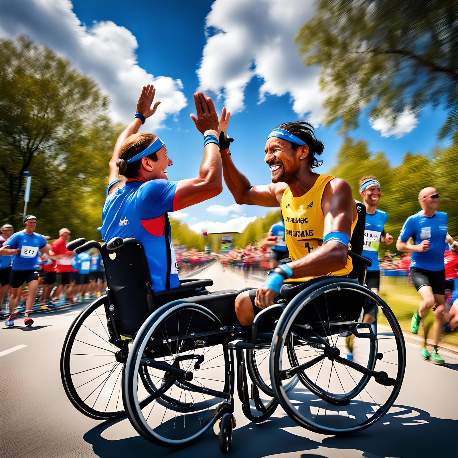 Challenge: High Fives - Wheelchair athletes after completing...