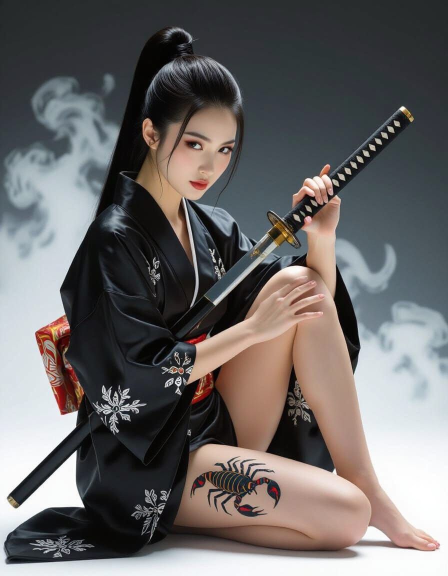 Japanese Woman with Katana in Satin Kimono
