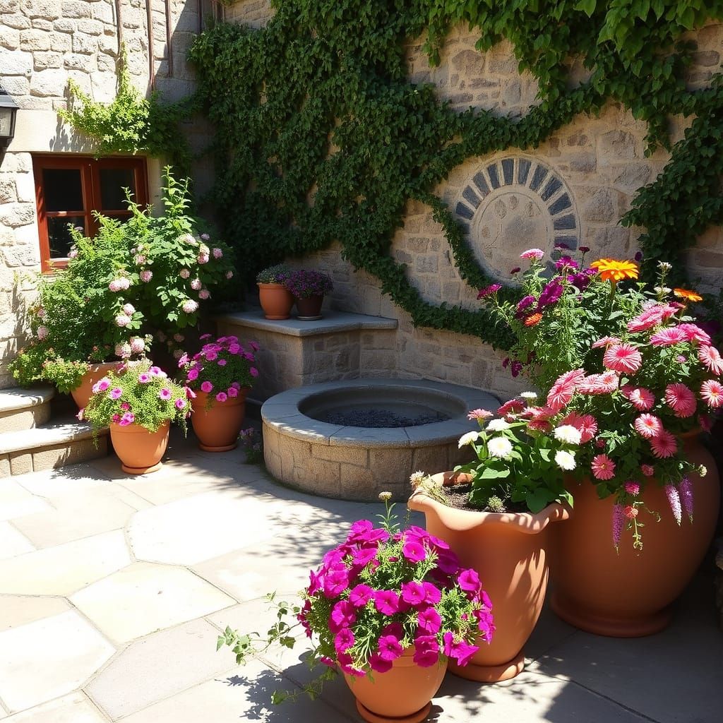 Sun-Drenched Rustic Stone Patio with Summer Flowers