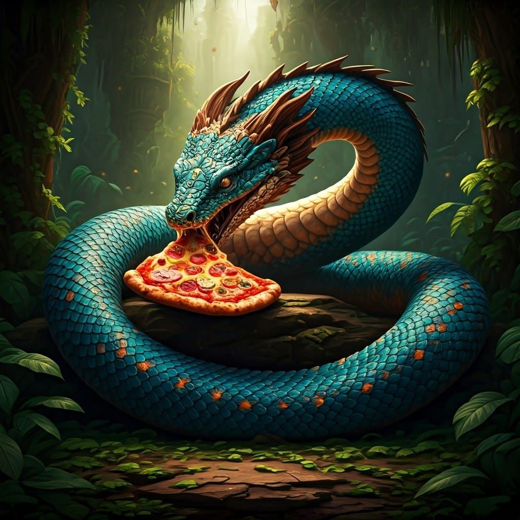 Serpentine Creature Savoring Pizza in Vibrant Dreamlike Sett...