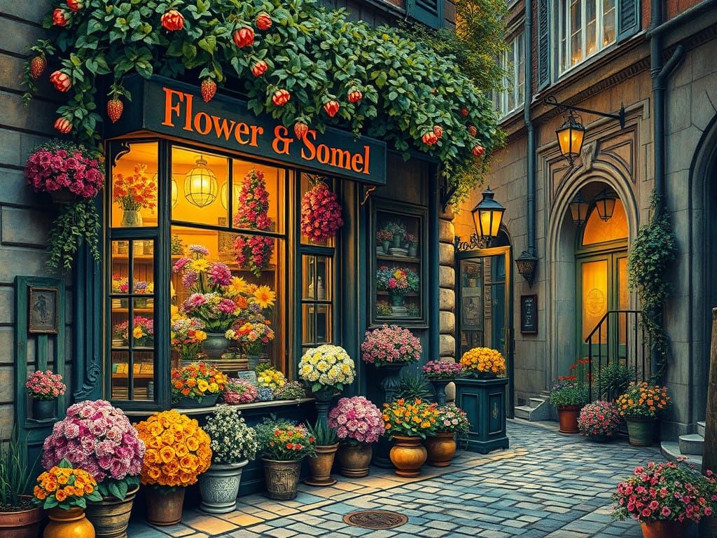 Cobblestone alley corner shop