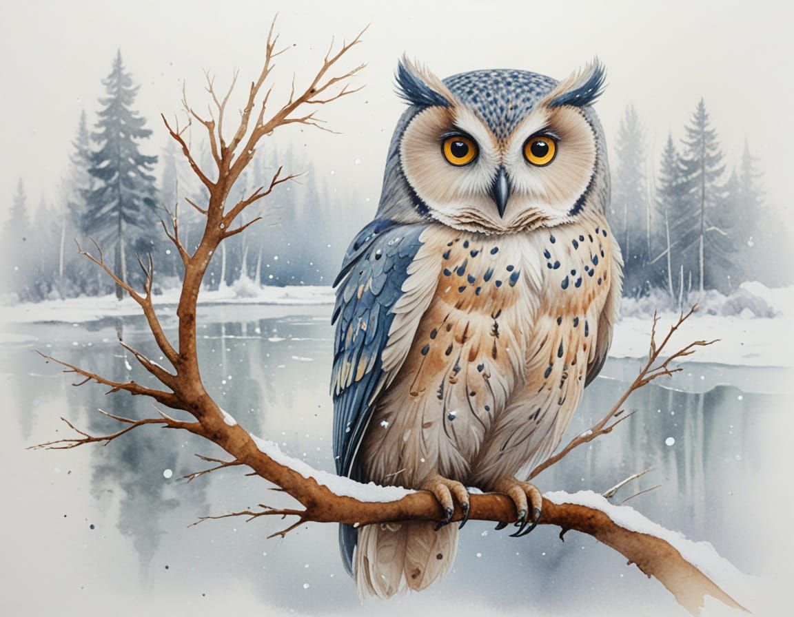 Pastel Owl on Frosty Branch Over Frozen Lake