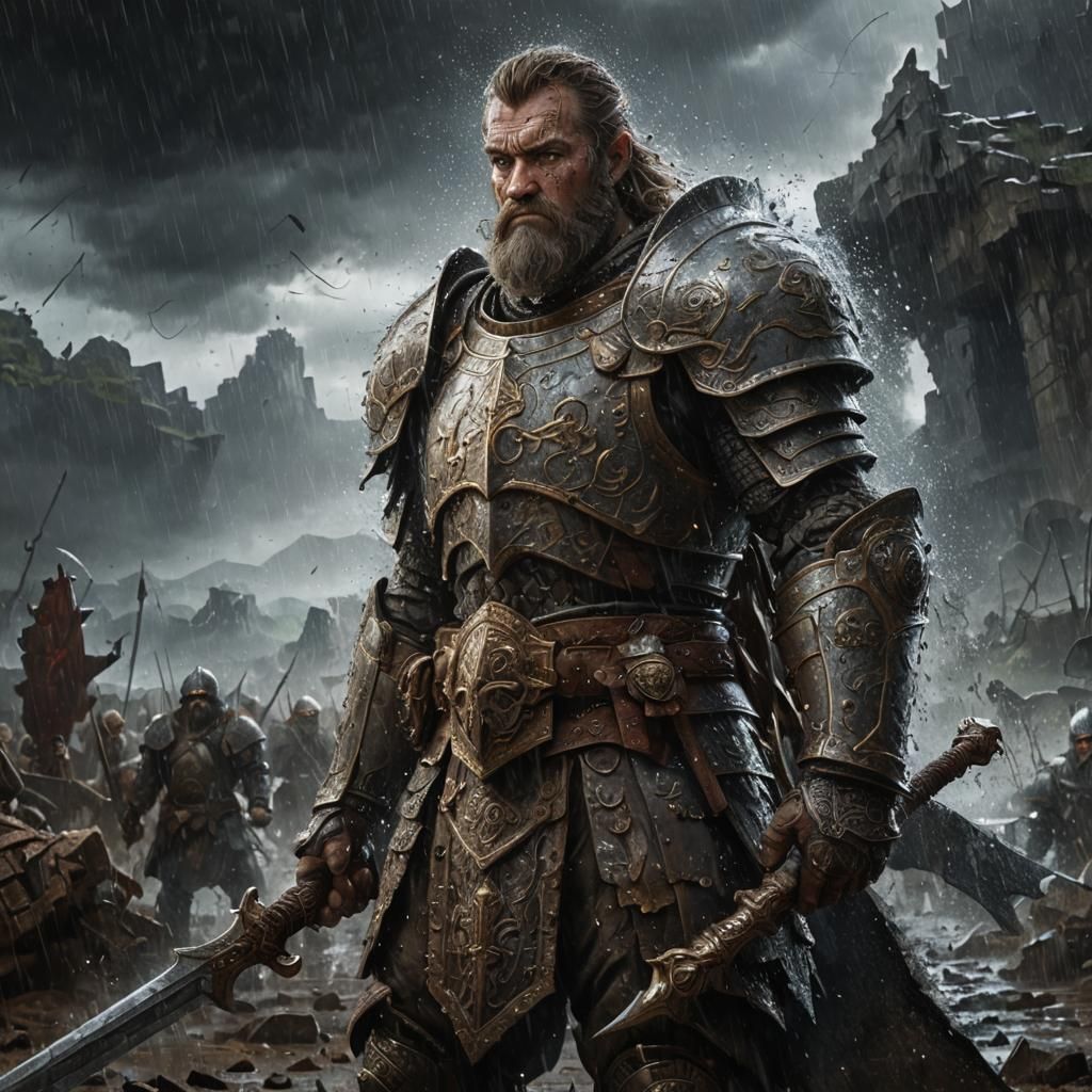 Dwarven Knight Stands on Battlefield in Digital Art