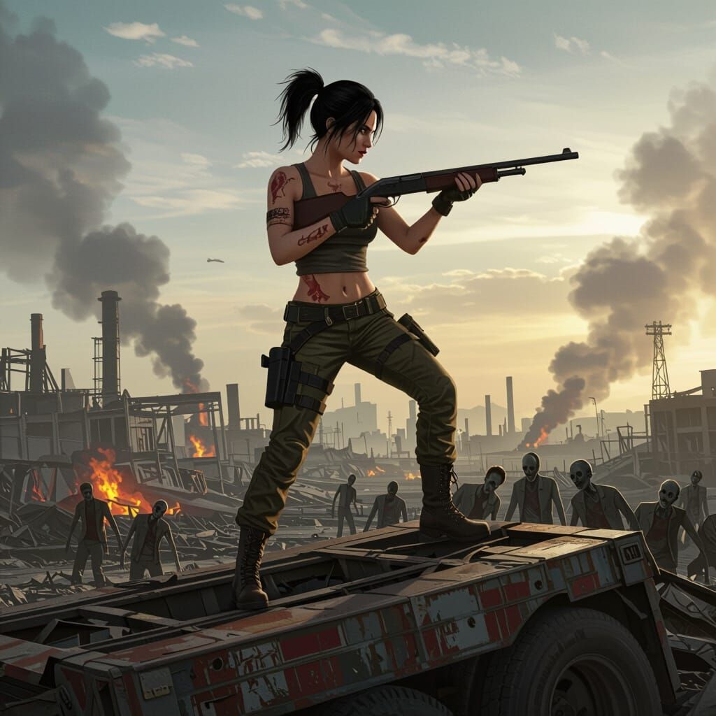 Survivor Woman Battles Zombies in Ruined Cityscape