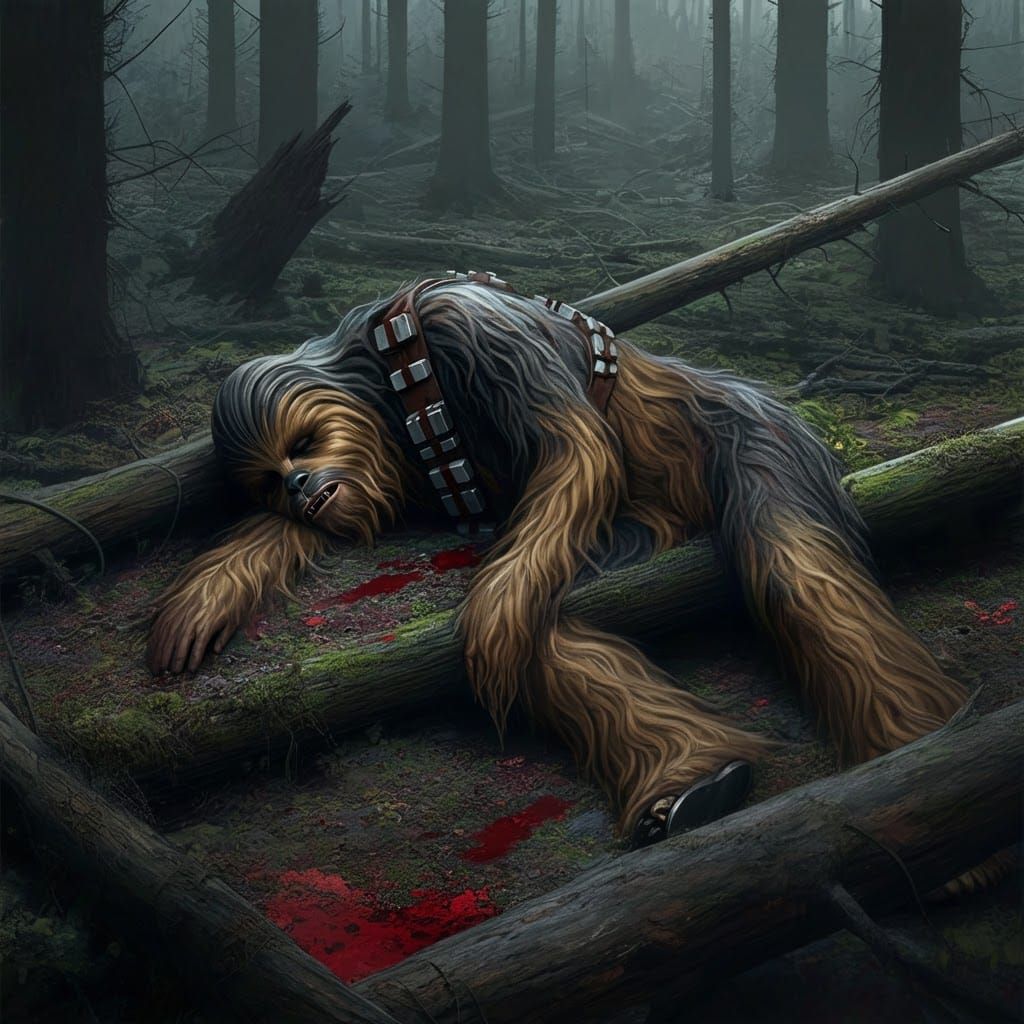 Lifeless Chewbacca in Desolate Forest, Somber Illustration
