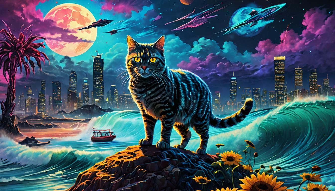 Night Cat Surfing: A Surreal Cyberpunk Candyland Dream