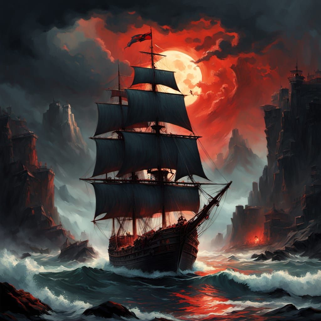 Vampire Pirate Ship Sailing a Stormy Sea