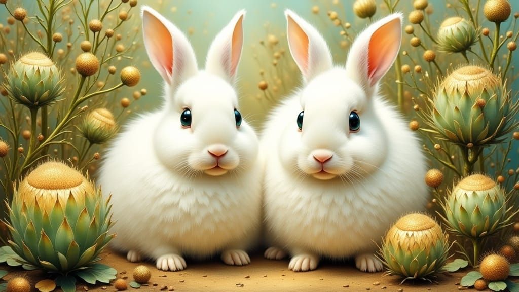 Angora Rabbits and Artichokes in Whimsical Scene
