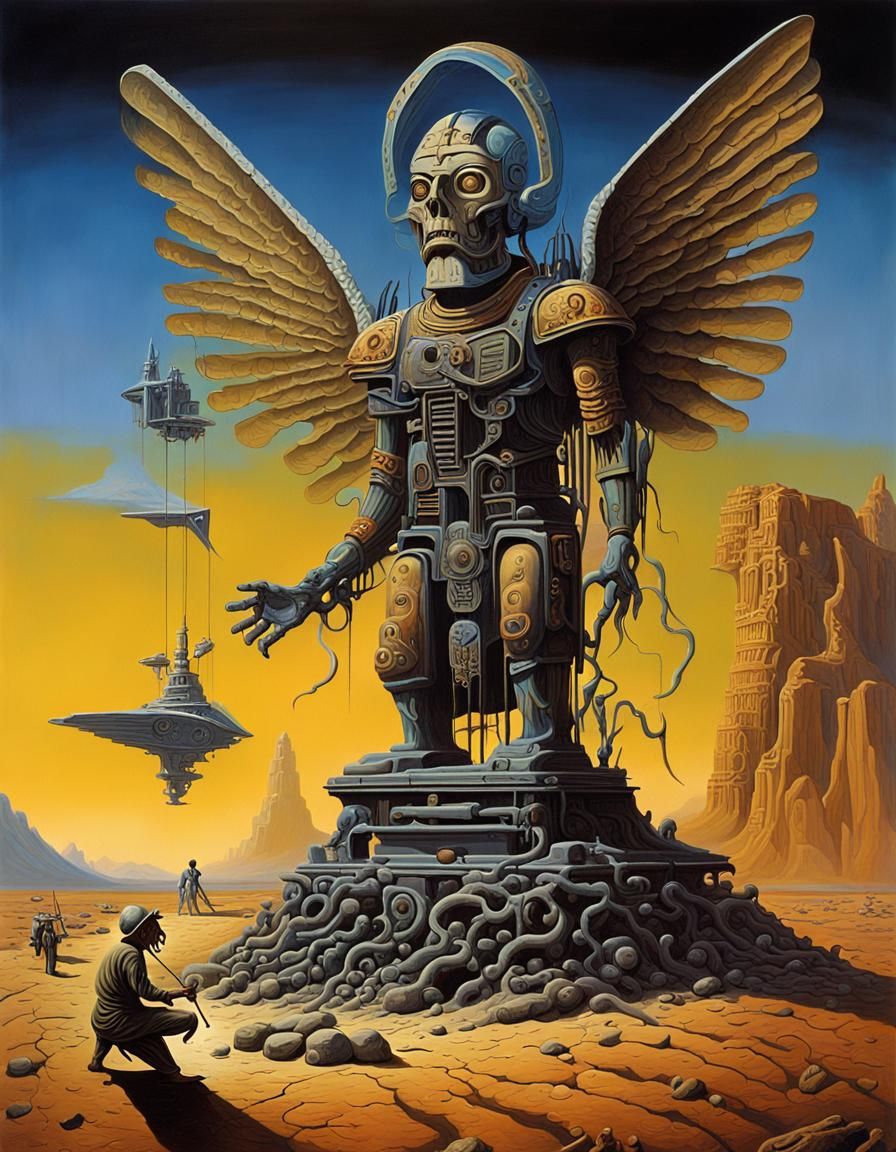 Mayan Sculpture and Cyborg Angel in Surreal Oil Painting