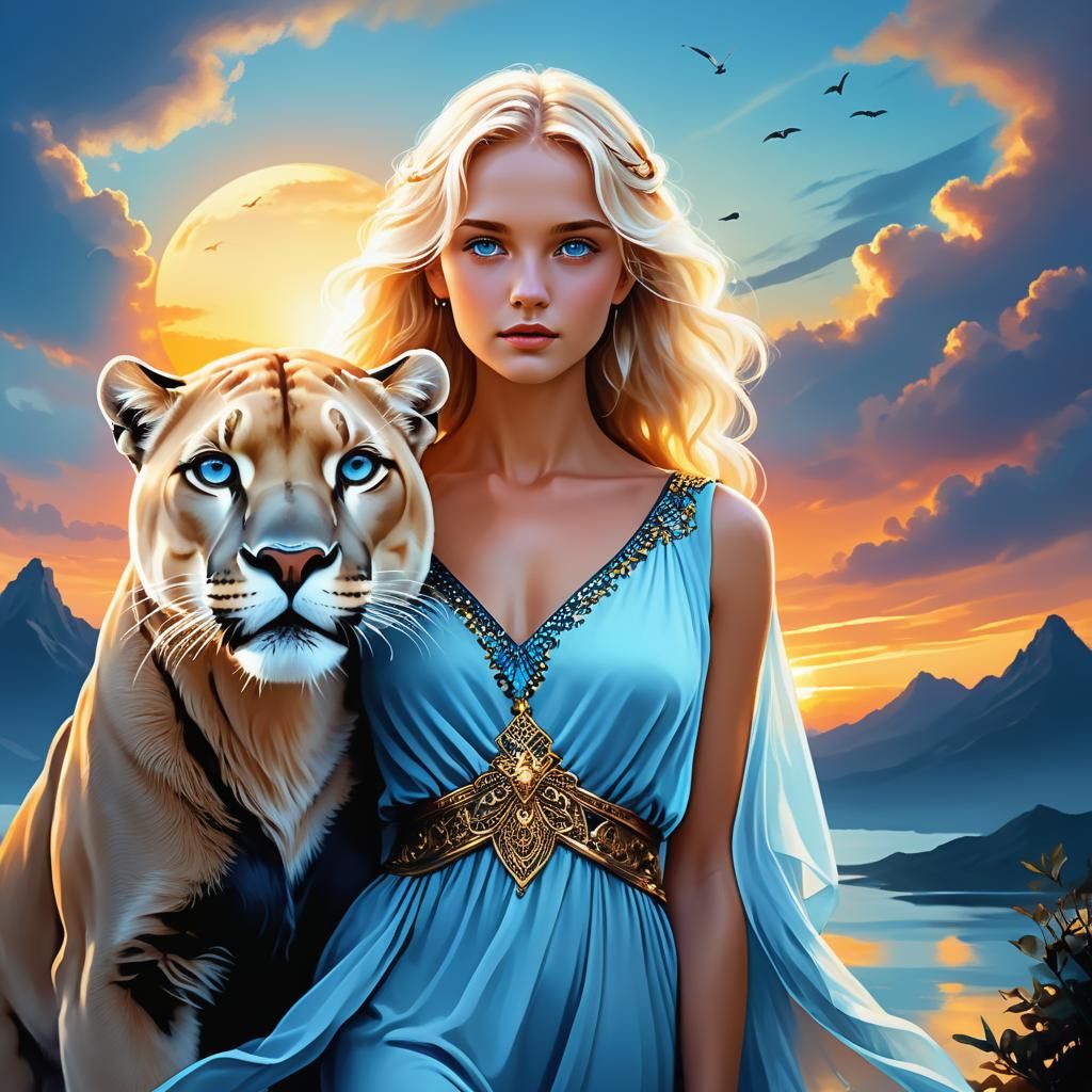 Blond Woman with Panther in Ethereal Digital Art