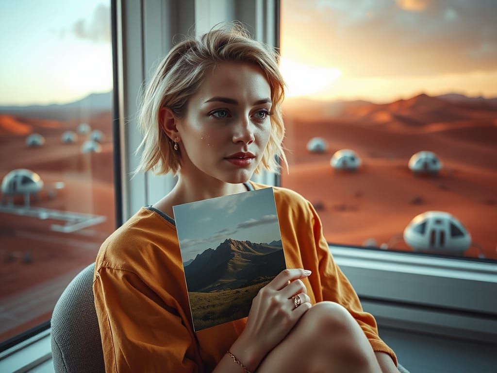 Woman Crying Over Earth Photo in Futuristic Martian Room