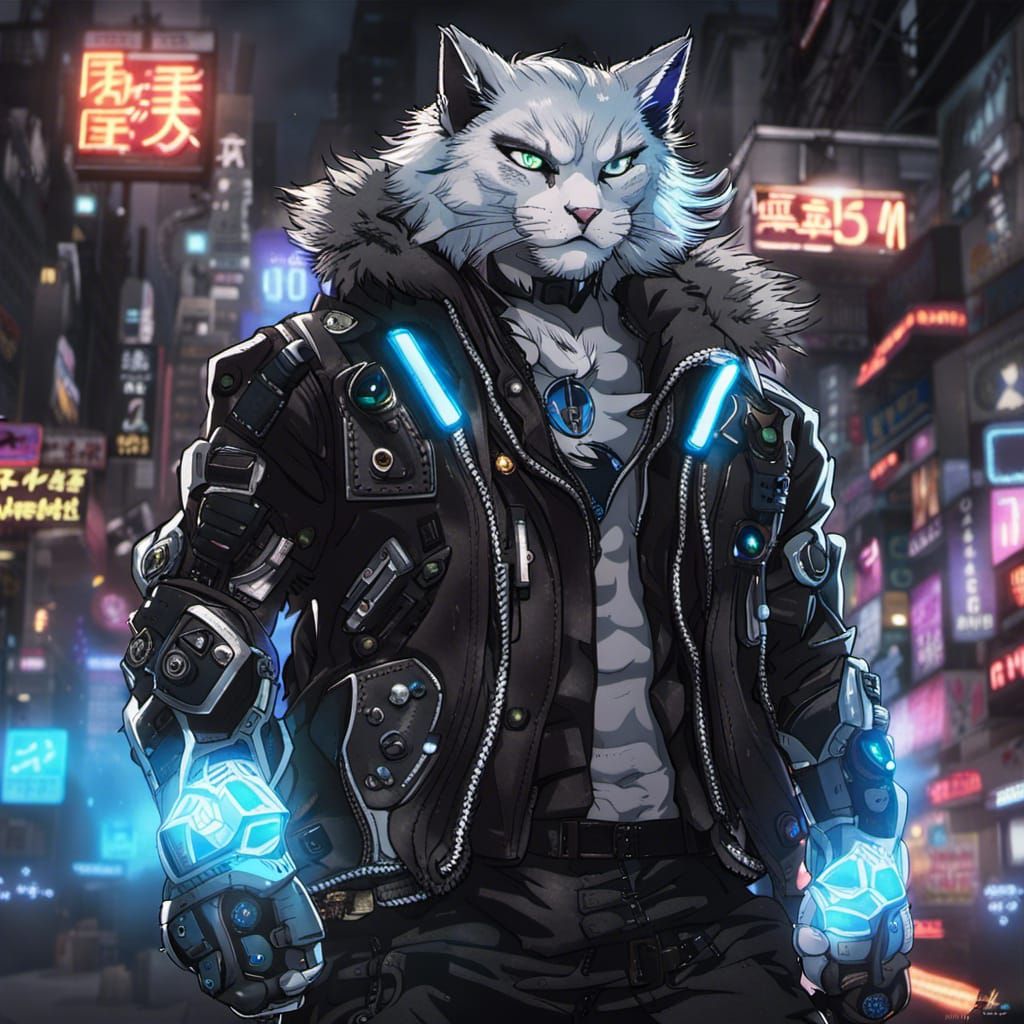 Cybernetic Cat-Man Anime Art with Neon Lights