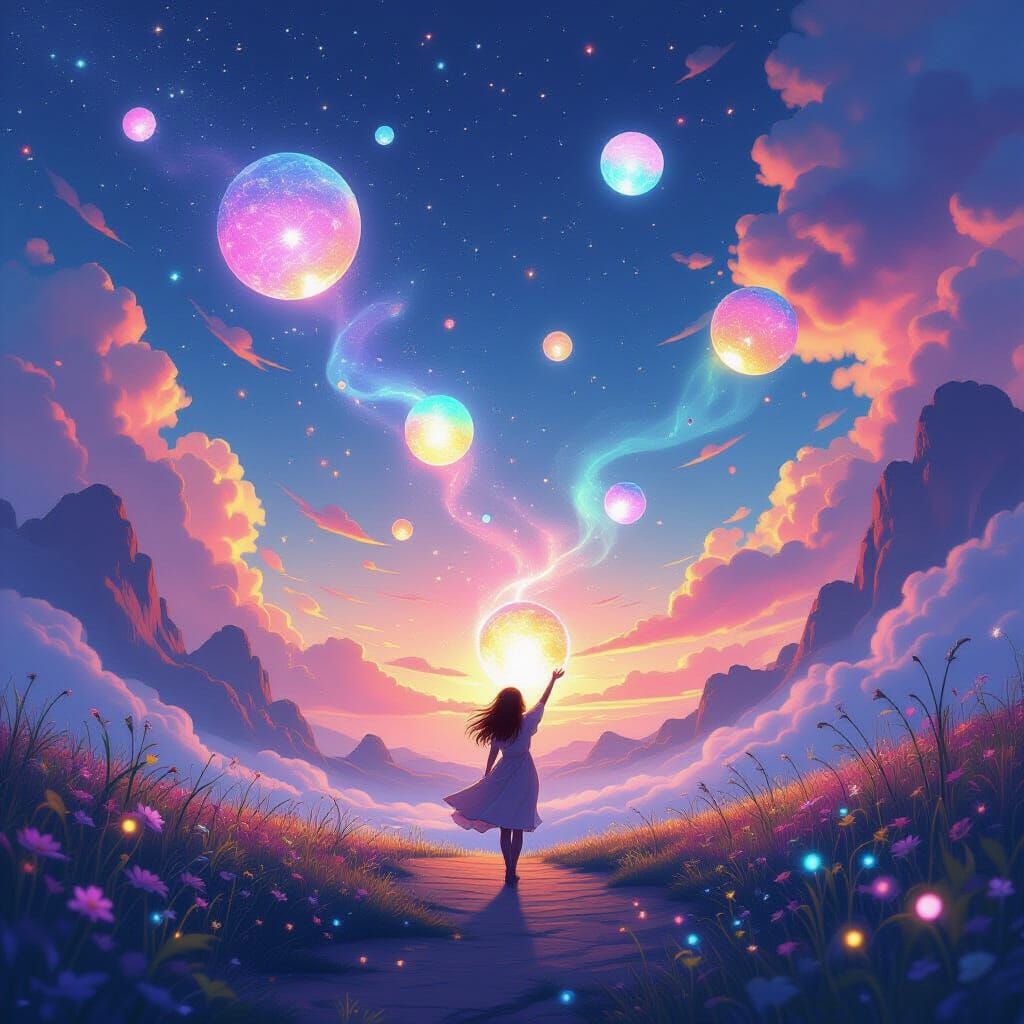 Soul's Journey Through Dreamlike Landscapes Collecting Orbs