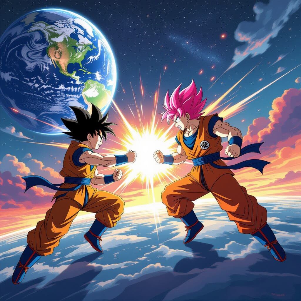 Goku and Beerus Battle Above Earth in Studio Ghibli Style