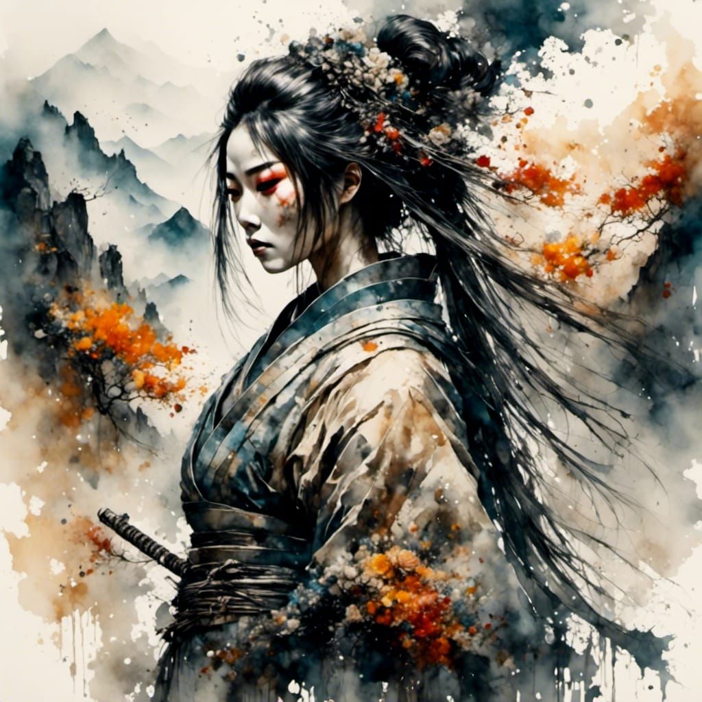 Masked Samurai in Windy Mountain Scene