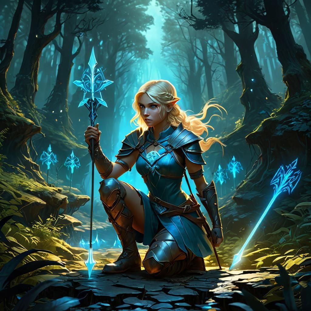 Blonde Archer in Glowing Forest, Dark Fantasy Art