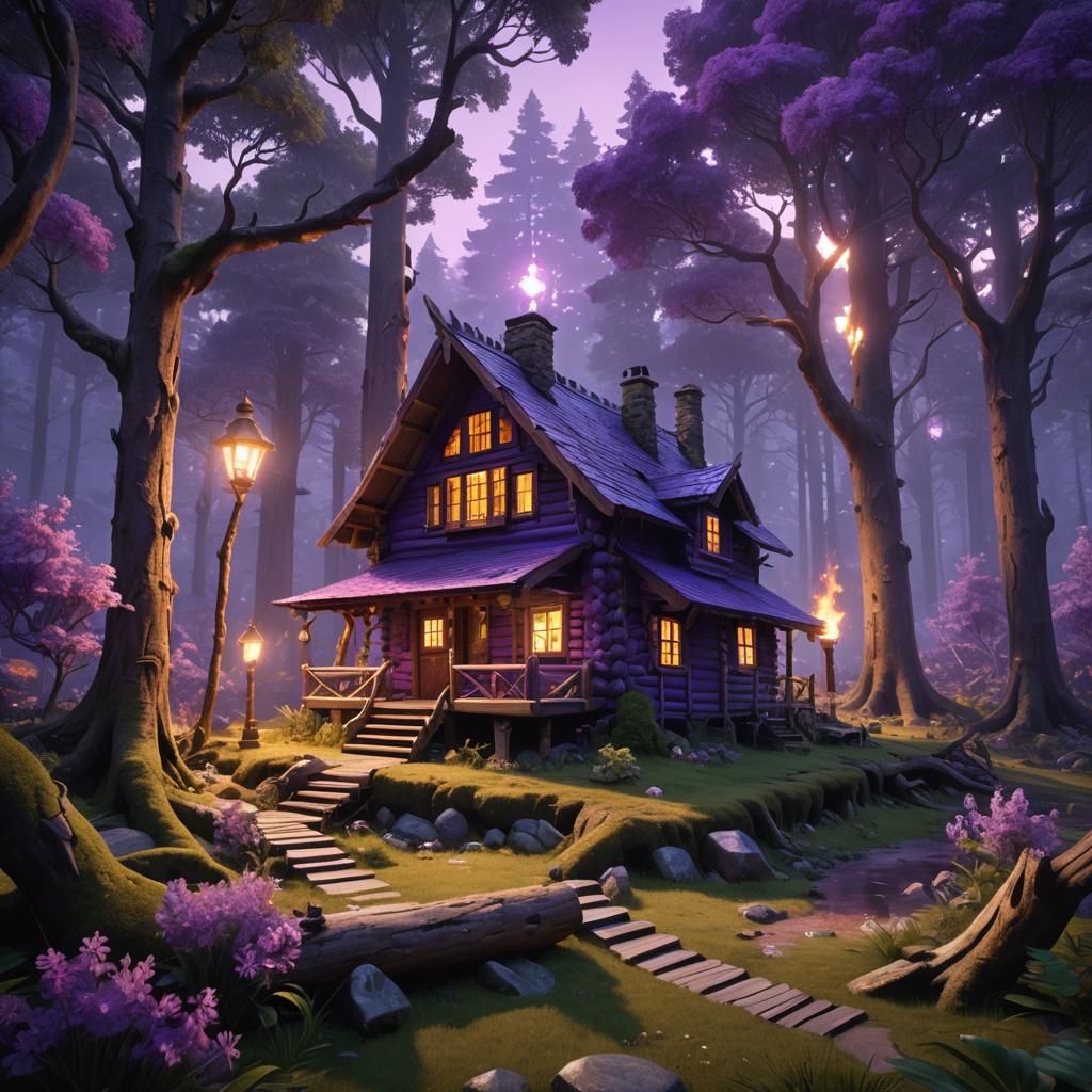 Violet Forest with Cabin and Flame Lamp