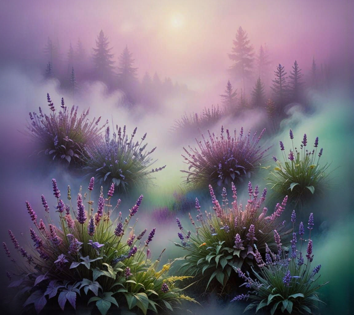 Vibrant Foggy Landscape in Dreamy Aesthetic