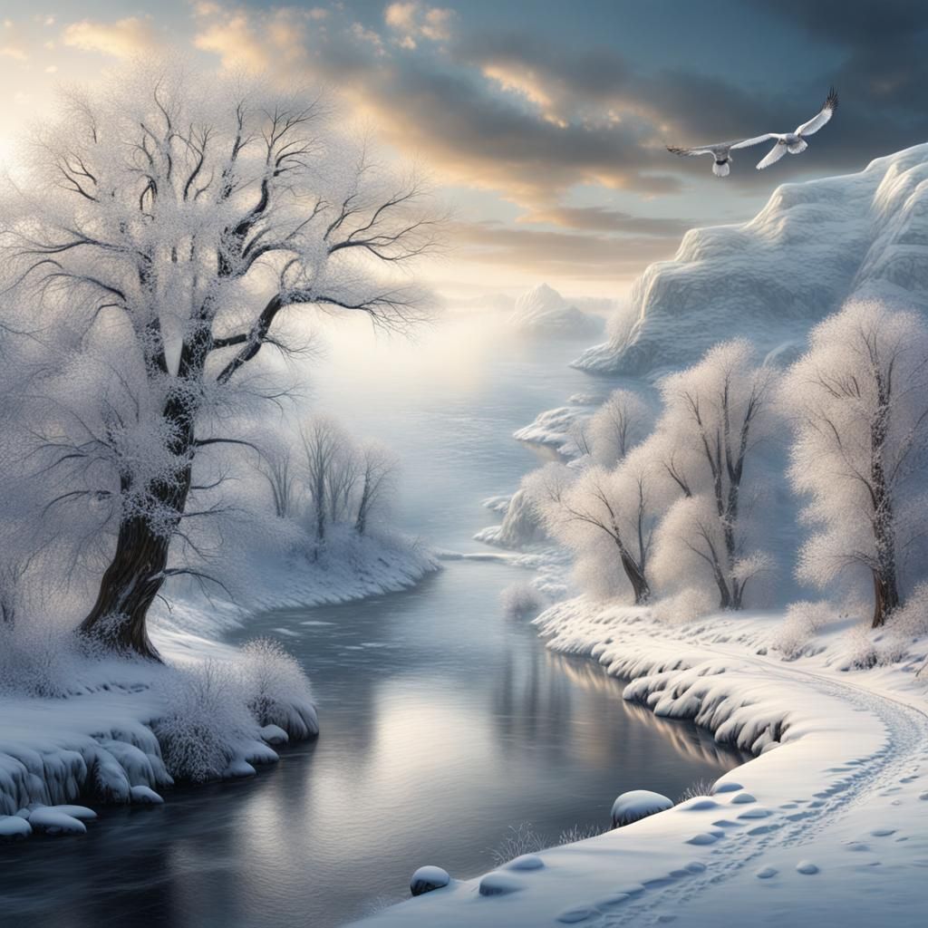 detailed winter landscape along a winding river, snow owl, snow flakes, frost, Epic cinematic brilliant stunning intrica...