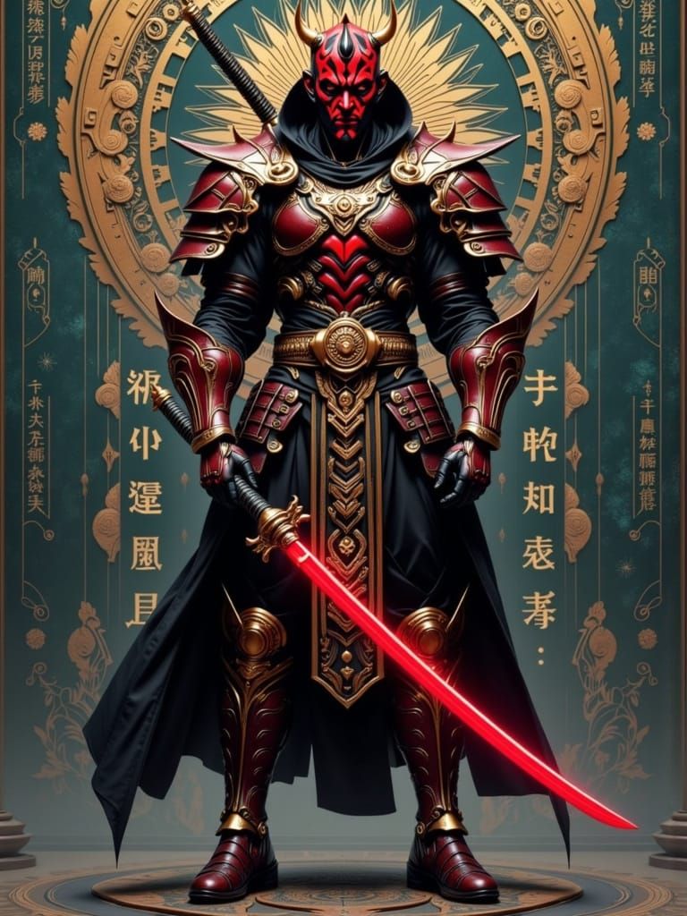 Darth Maul Samurai in Ornate Armor with Neon Katana