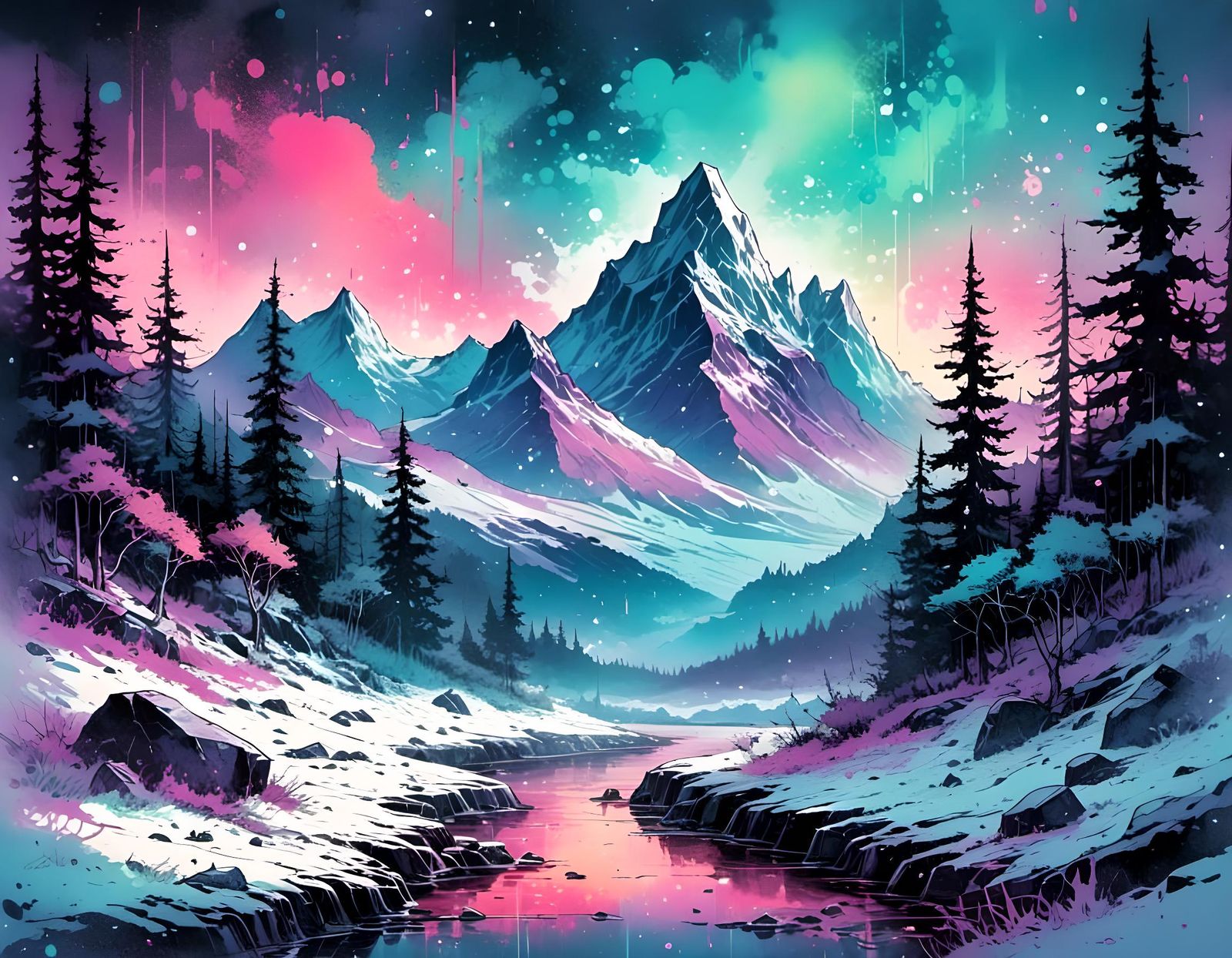 Watercolor Landscape with Northern Lights and Snow